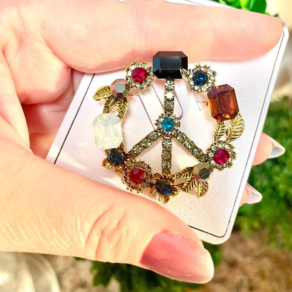 Floral Crystal Peace Sign Brooch - Picture 2 of 6
